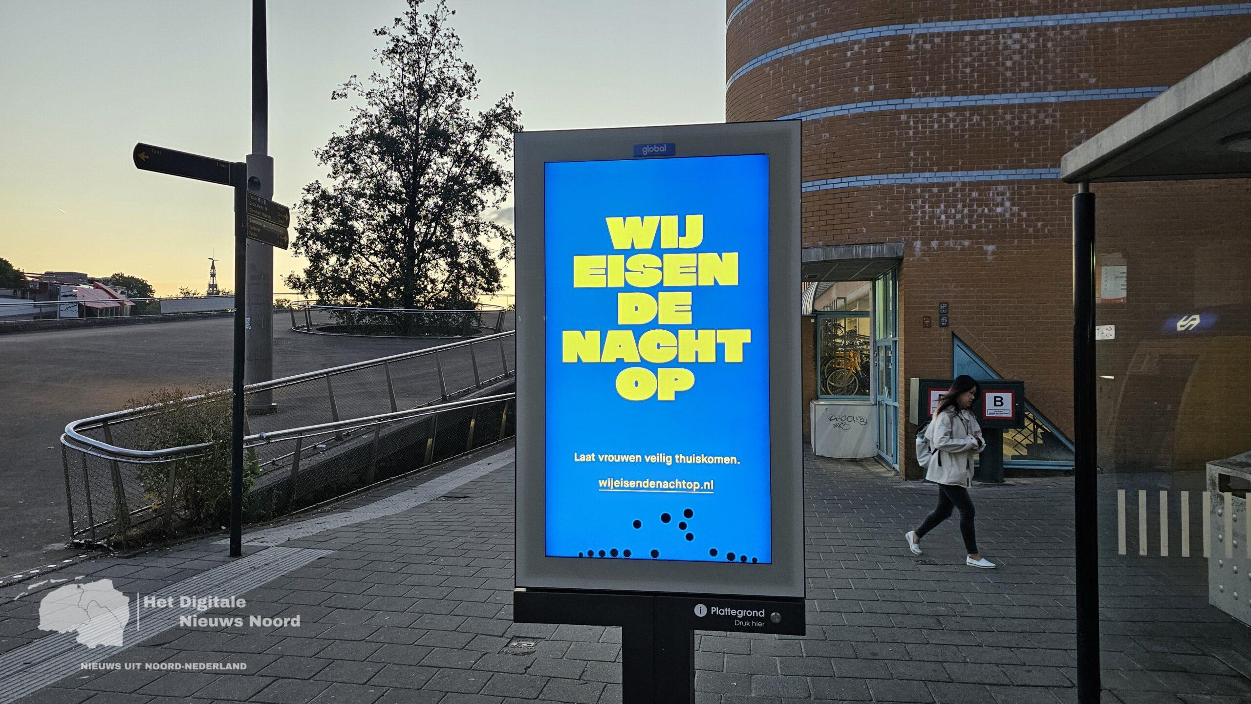 Digitale borden in Groningen; “Wij eisen de nacht op” tegen geweld op vrouwen